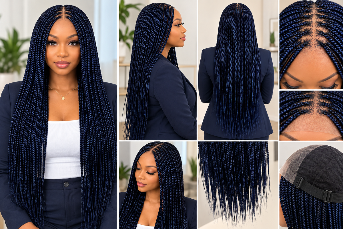 AVETIKO Blue 28-Inch Handmade Braided Wig | 5×5 Lace Closure